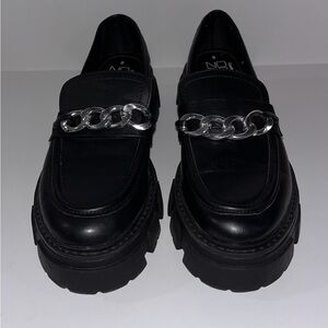 Black Leather Loafers with Silver Chain